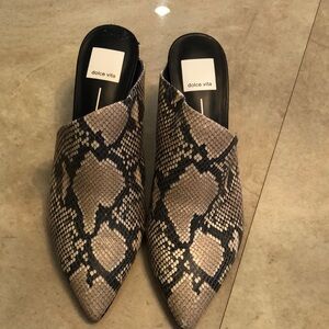 Dolce Vita snakeskin mules see pix for wear on one tip and rear footbed size 8